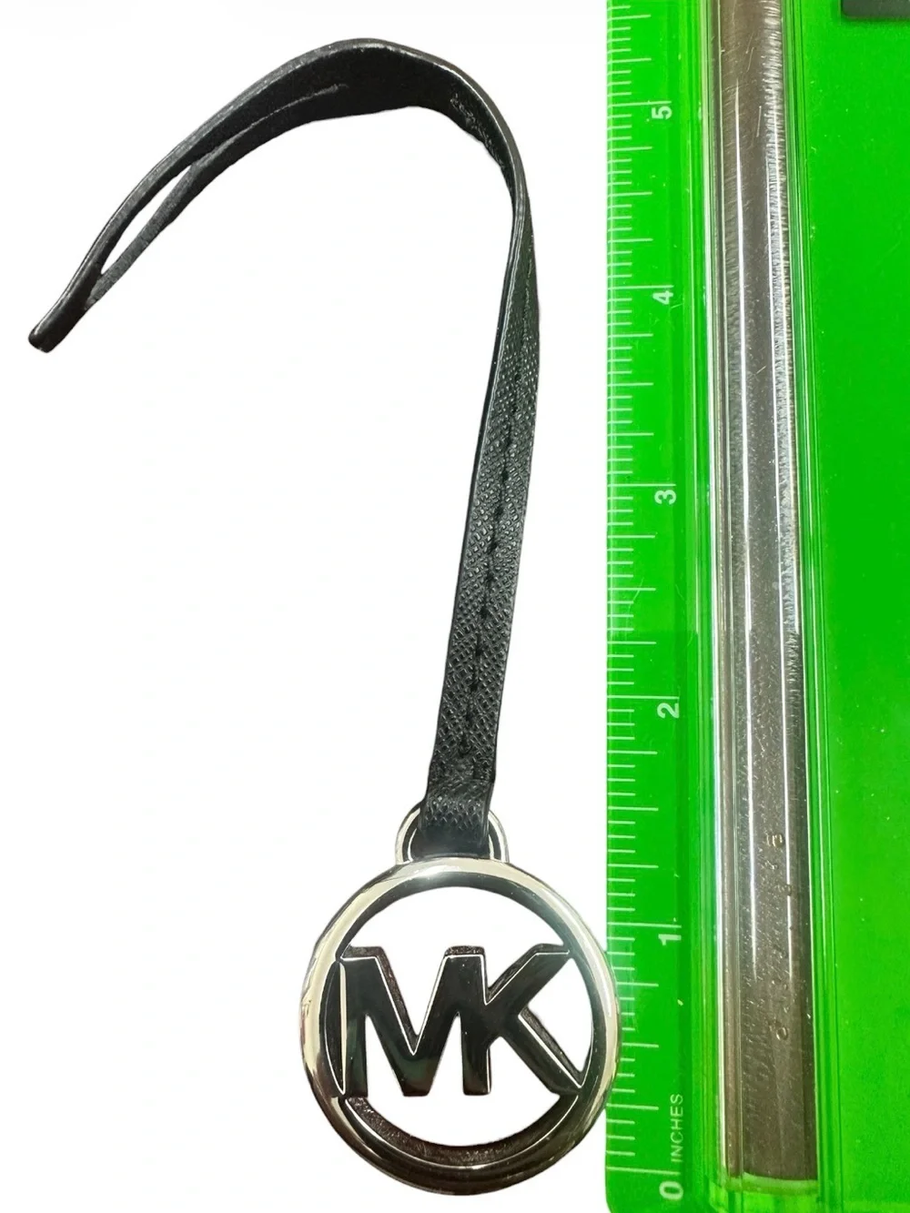 Michael Kors Black Leather Strap MK Logo Charm with Silver Ring